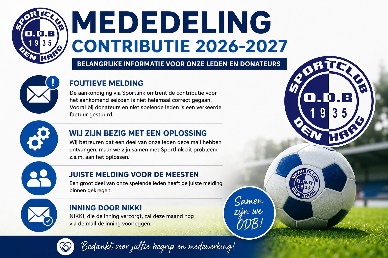 Mededeling contributie seizoen 2026–2027